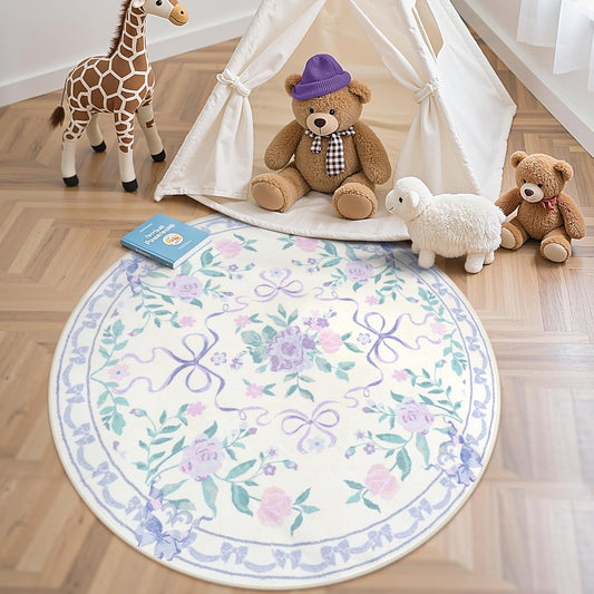 Collive Purple Bow Round Rugs for Girls - Floral Washable Decor