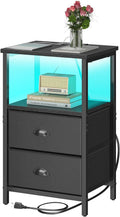 Nightstand with Charging Station and LED Light - Compact 3-Tier Night
