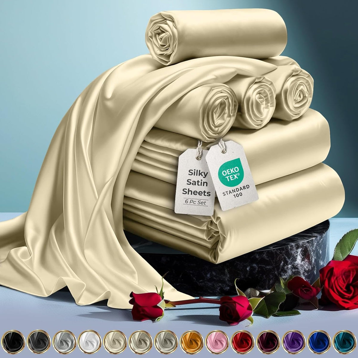 DECOLURE Satin Bed Sheets - Luxurious Silky Queen Bedding Set