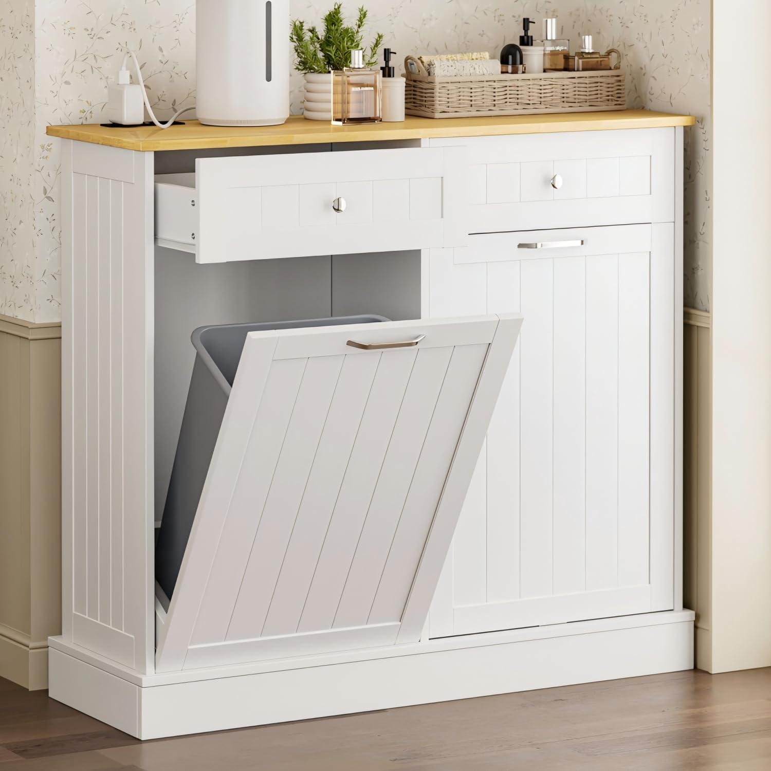 GAZHOME 20 Gallon Double Tilt Out Wooden Trash Cabinet with Outlet