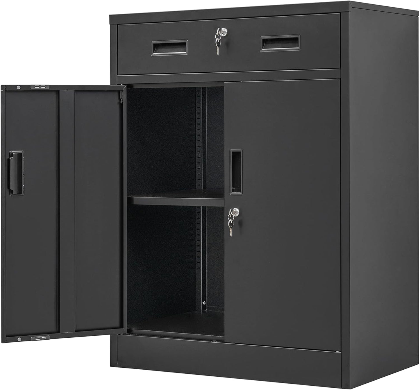 Metal Storage Cabinet with Locking Drawer and Adjustable Shelf