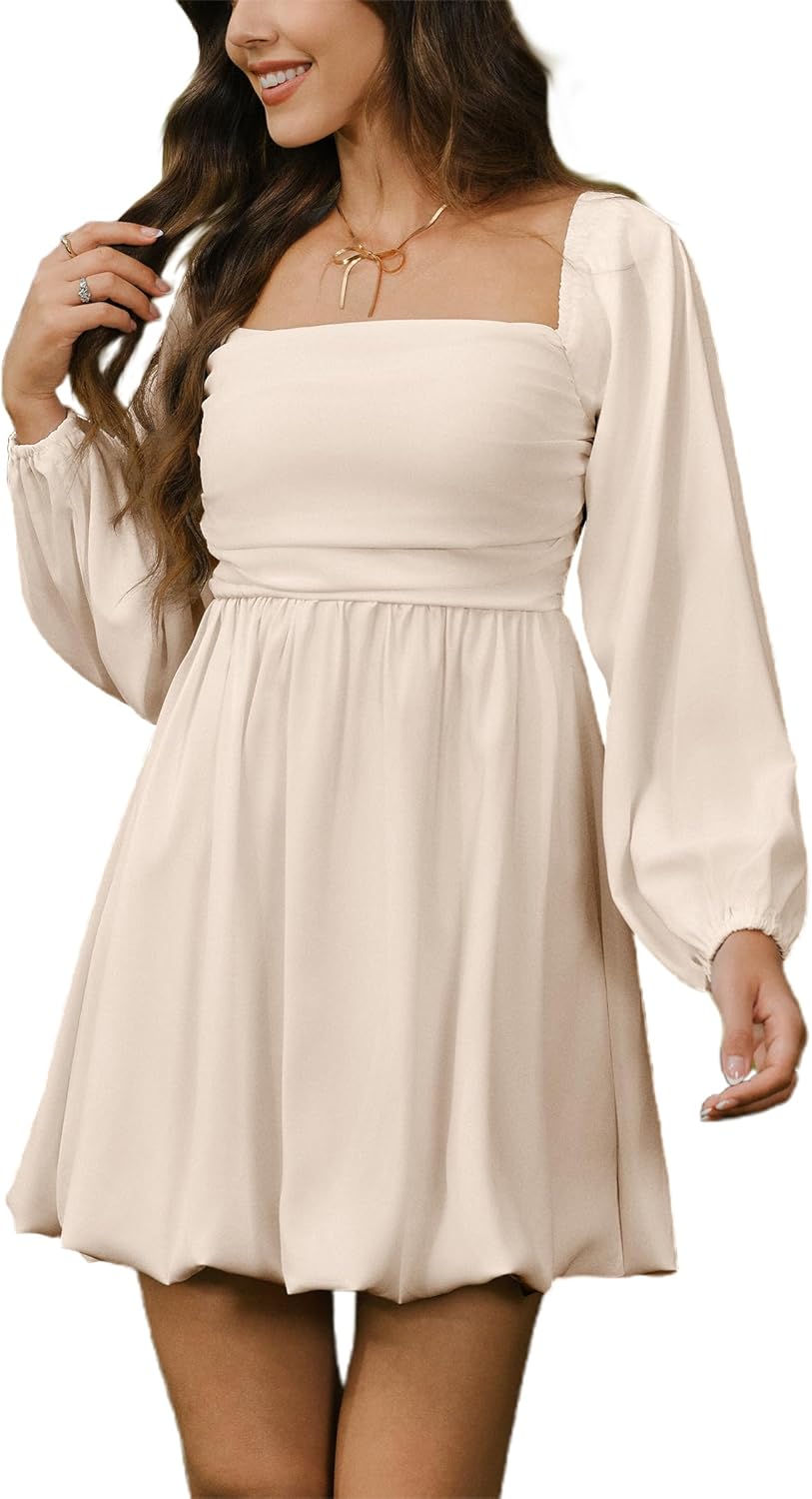 HYPERFIRE Women's Square Neck Pleated Long Sleeve Mini Dress