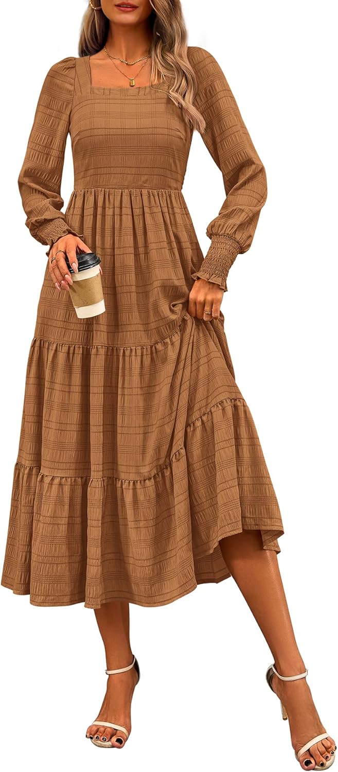 CFLONGE Women's Fall Dresses 2025 Puff Long Sleeve Maxi Dress