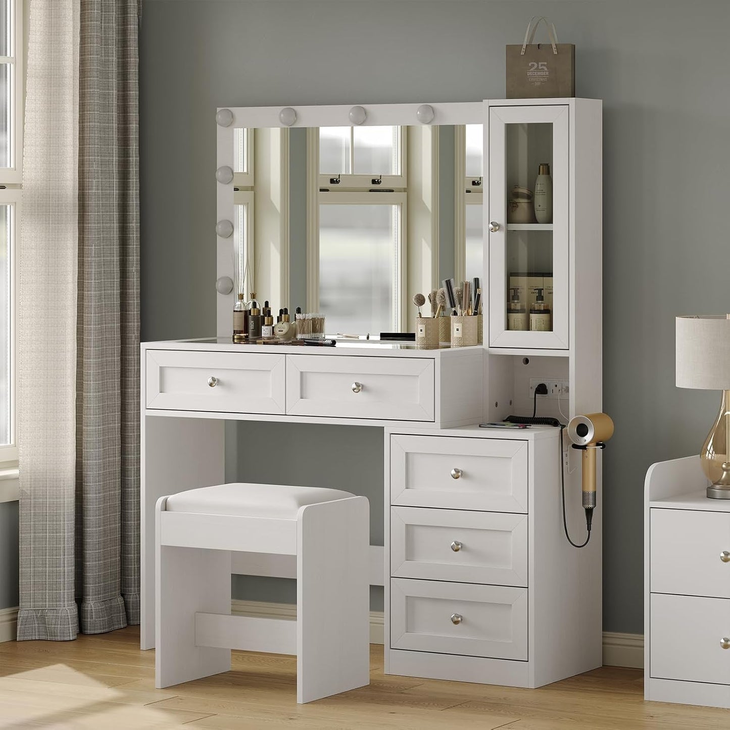 Modern Vanity Desk: 11-Light Mirror, Glass Top, & Stool