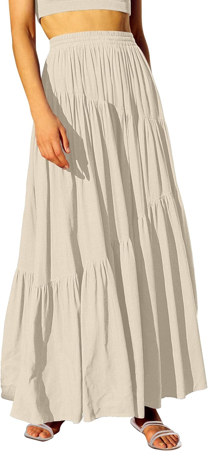 Womens Boho Elastic High Waist Pleated A-Line Maxi Skirt