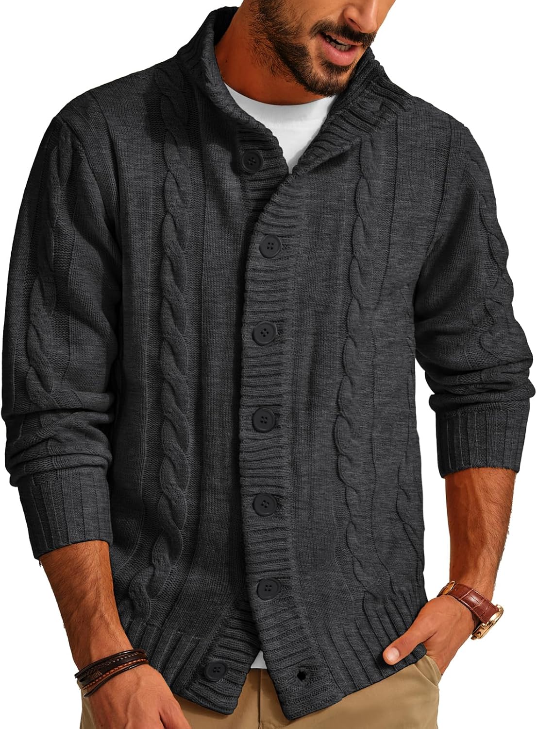 Stylish Men's Cardigan Sweater with Stand Collar and Buttons