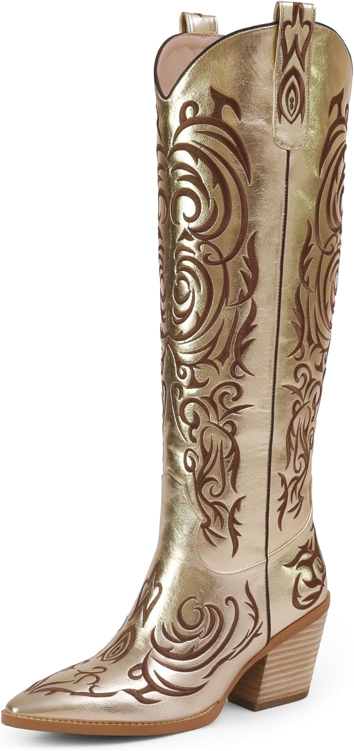 iiimmu Cowgirl Boots Women Knee High Stylish Block Heel Boots