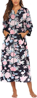 Ekouaer Women Zipper Robe 3/4 Sleeves Mid-Calf Zip Front - Cozy