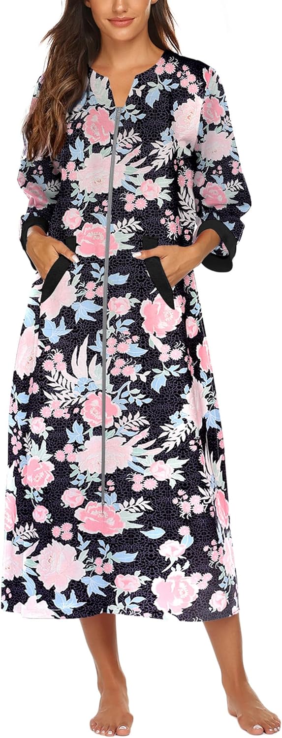 Ekouaer Women Zipper Robe with Pockets for Cozy Comfort