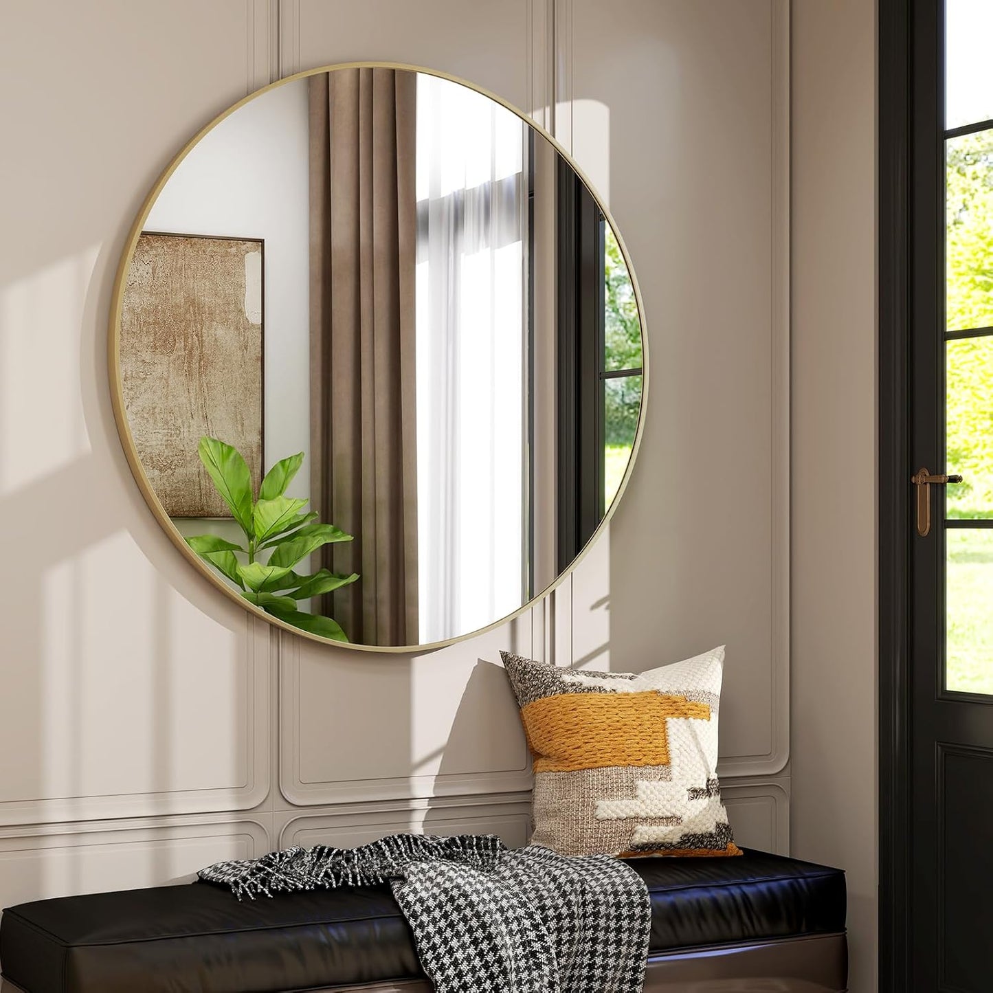 42 Inch Round Bathroom Mirror - Modern Gold Wall Mounted Design