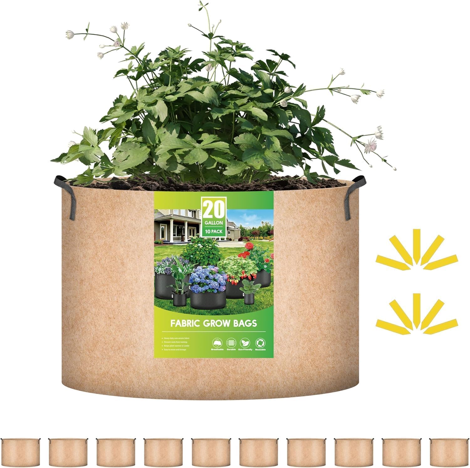 iPower 20 Gallon Grow Bags for Healthy Plant Growth - 10 Pack