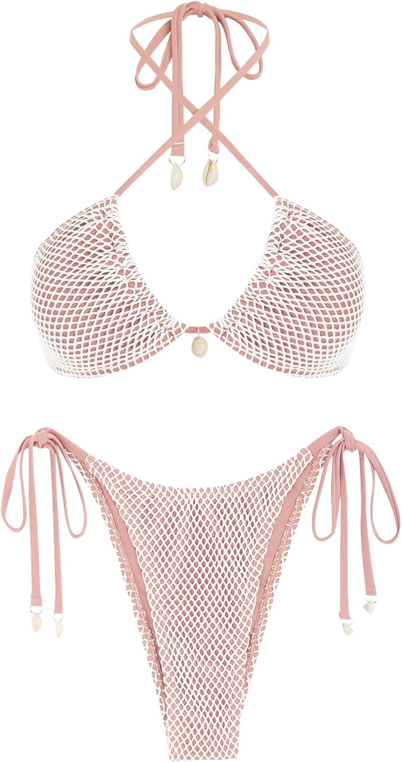 ZAFUL Women's Triangle Bikini Multiway Fishnet Tie Side Set