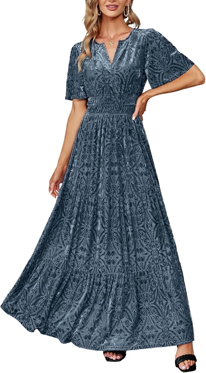 Elegant Velvet Short Sleeve V Neck Maxi Dress for Weddings