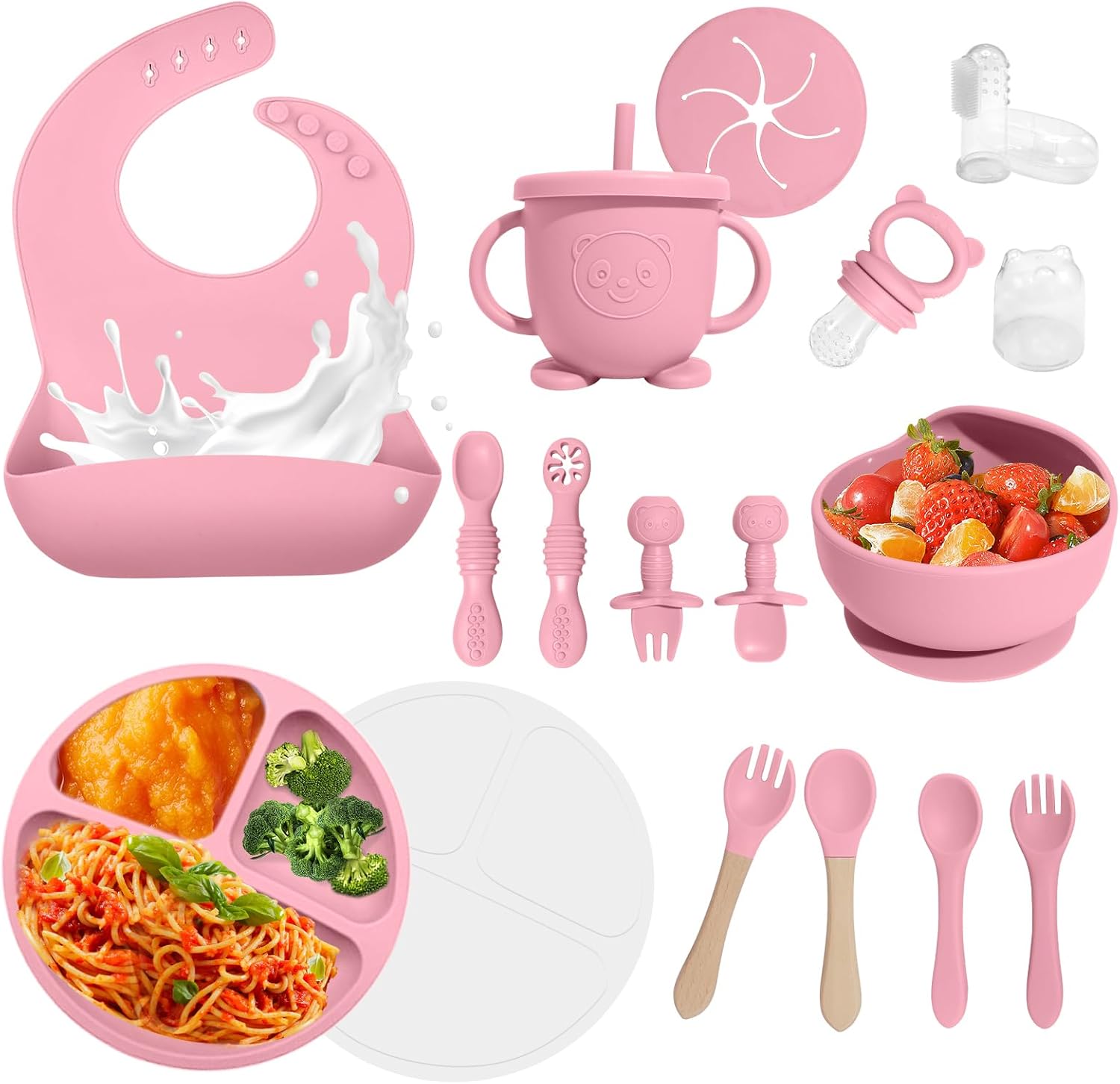 Baby Led Weaning Supplies 17 Piece Silicone Feeding Set Pink