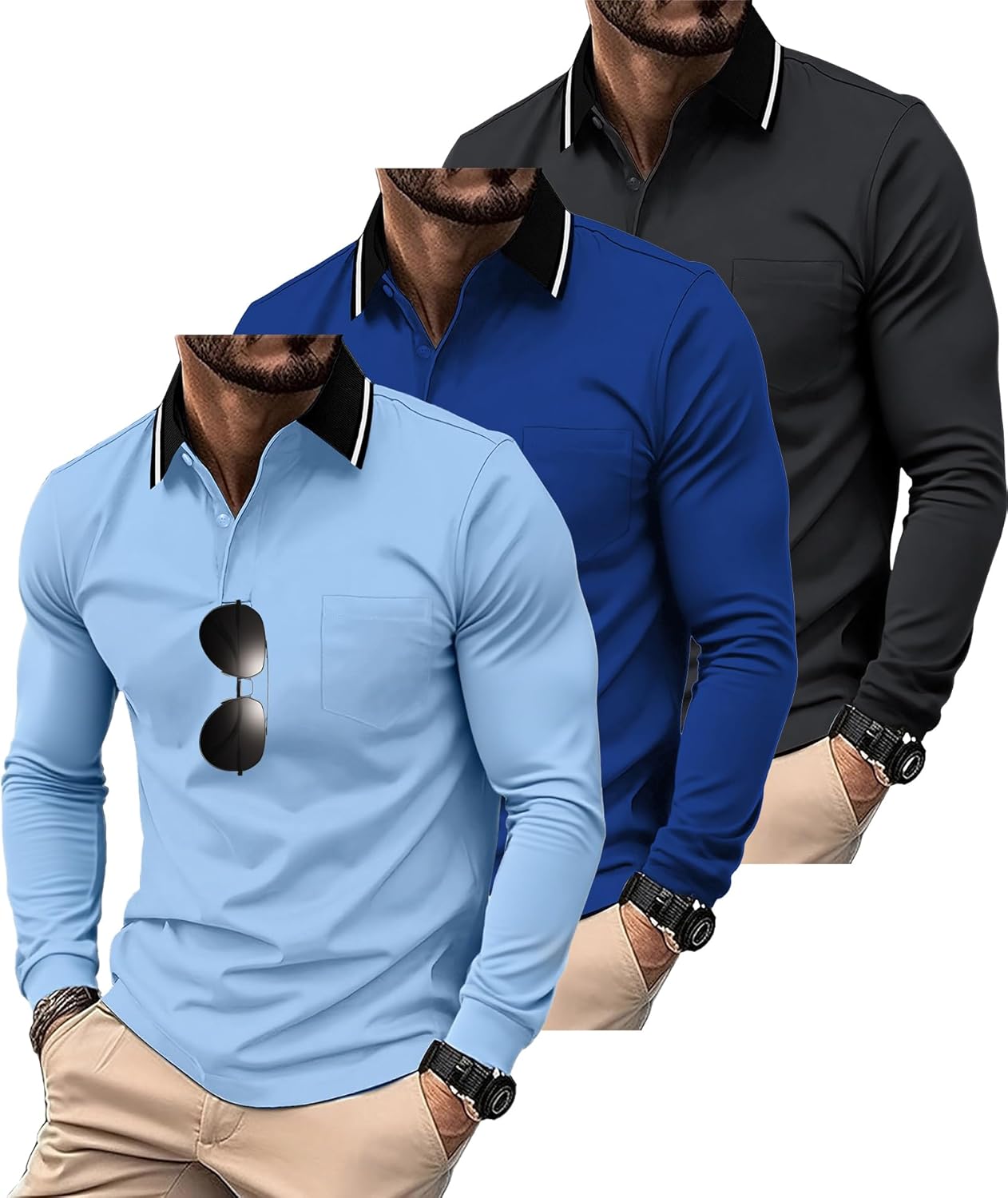 ZITY 3 Pack Men Long Sleeve Polo Shirts for Casual Work & Golf