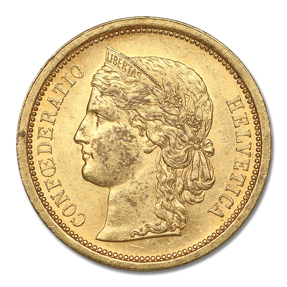 1886 Swiss Gold Crowned Head Helvetica Extra Fine 20 Francs Coin