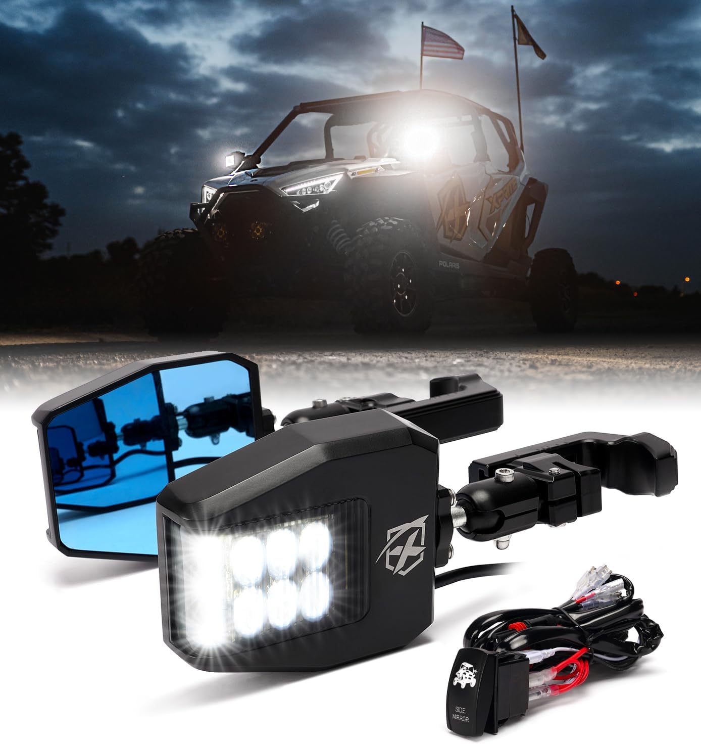 Xprite UTV Side View Mirrors with LED Spot Light for Off-Roading