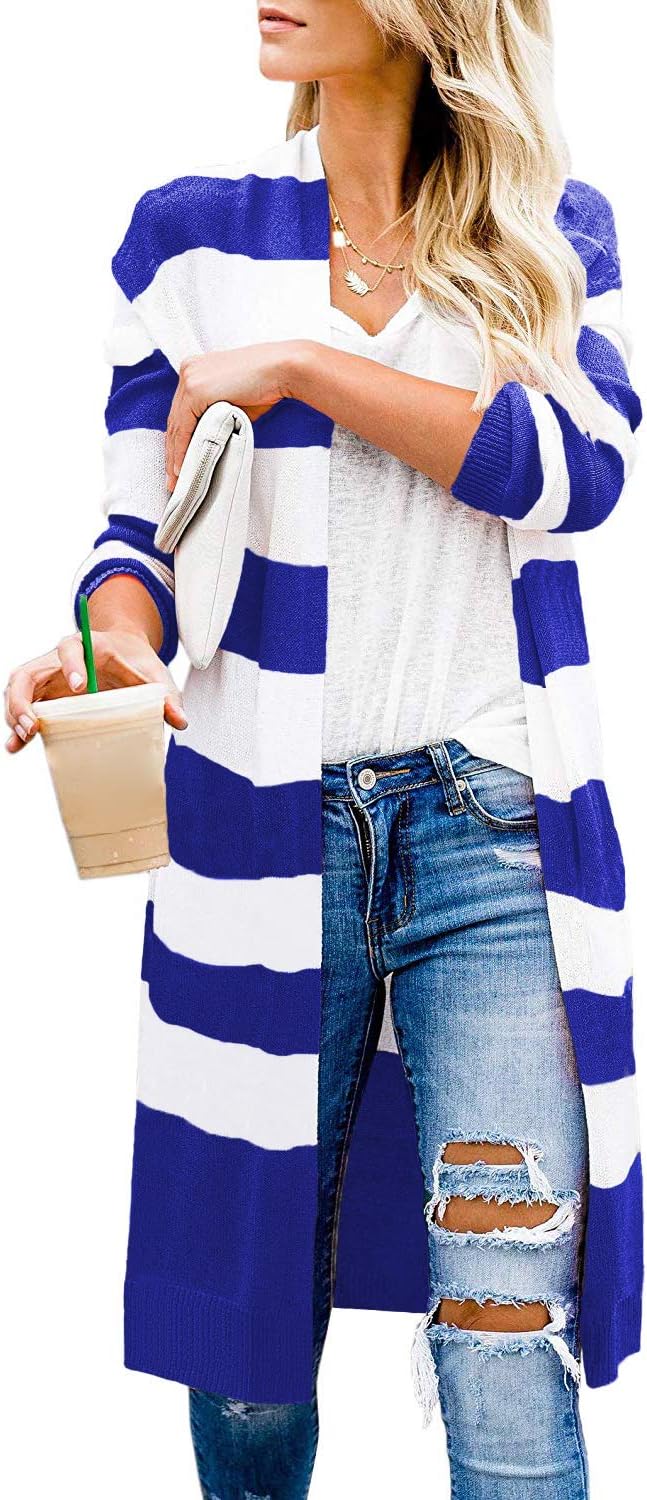 Stylish Women's Long Cardigan Open Front Color Block Knit Sweater