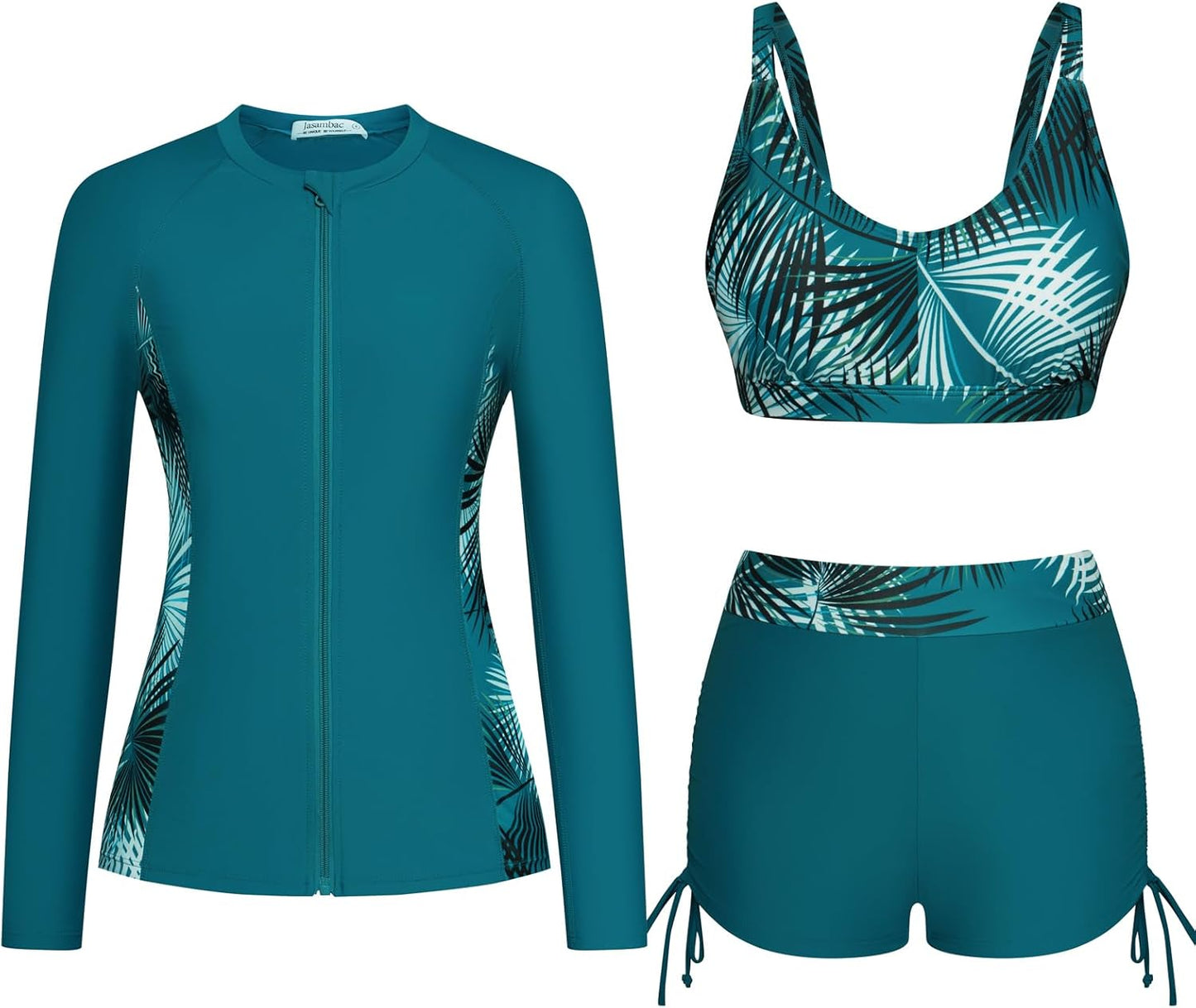 JASAMBAC Women 3 Piece Rash Guard Long Sleeve Swimsuit Set