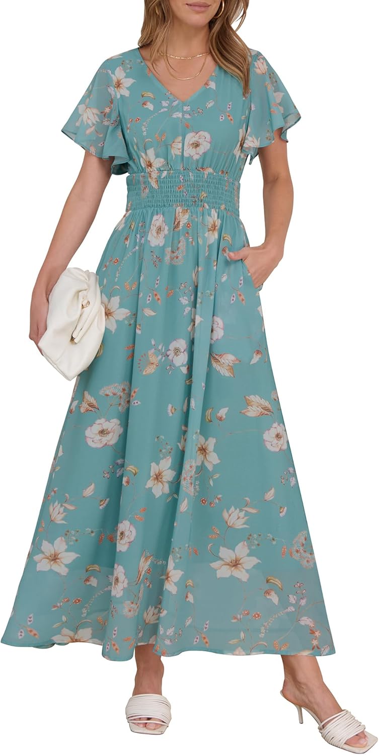Womens Summer Floral Maxi Dress Casual V Neck Short Sleeve