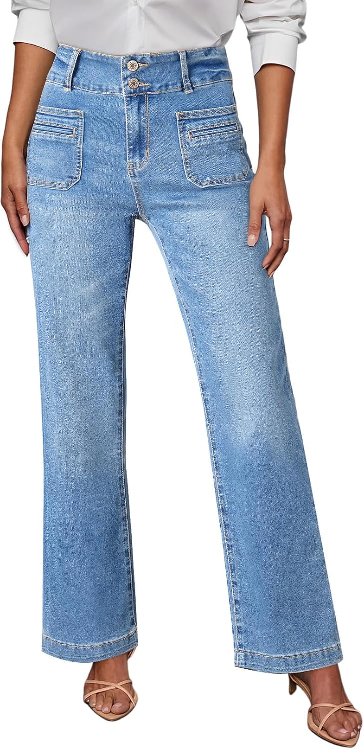 Sidefeel Women's High Waisted Wide Leg Jeans with Tummy Control