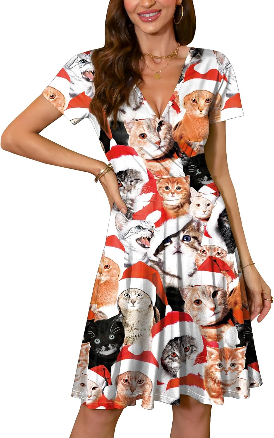 Stylish Christmas Short Sleeve V Neck Wrap Dress for Women