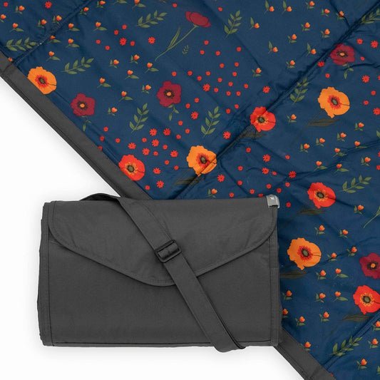 Little Unicorn XL Picnic Blanket | Water-Resistant & Compact Fold | Zipper Pocket (Midnight Poppy)
