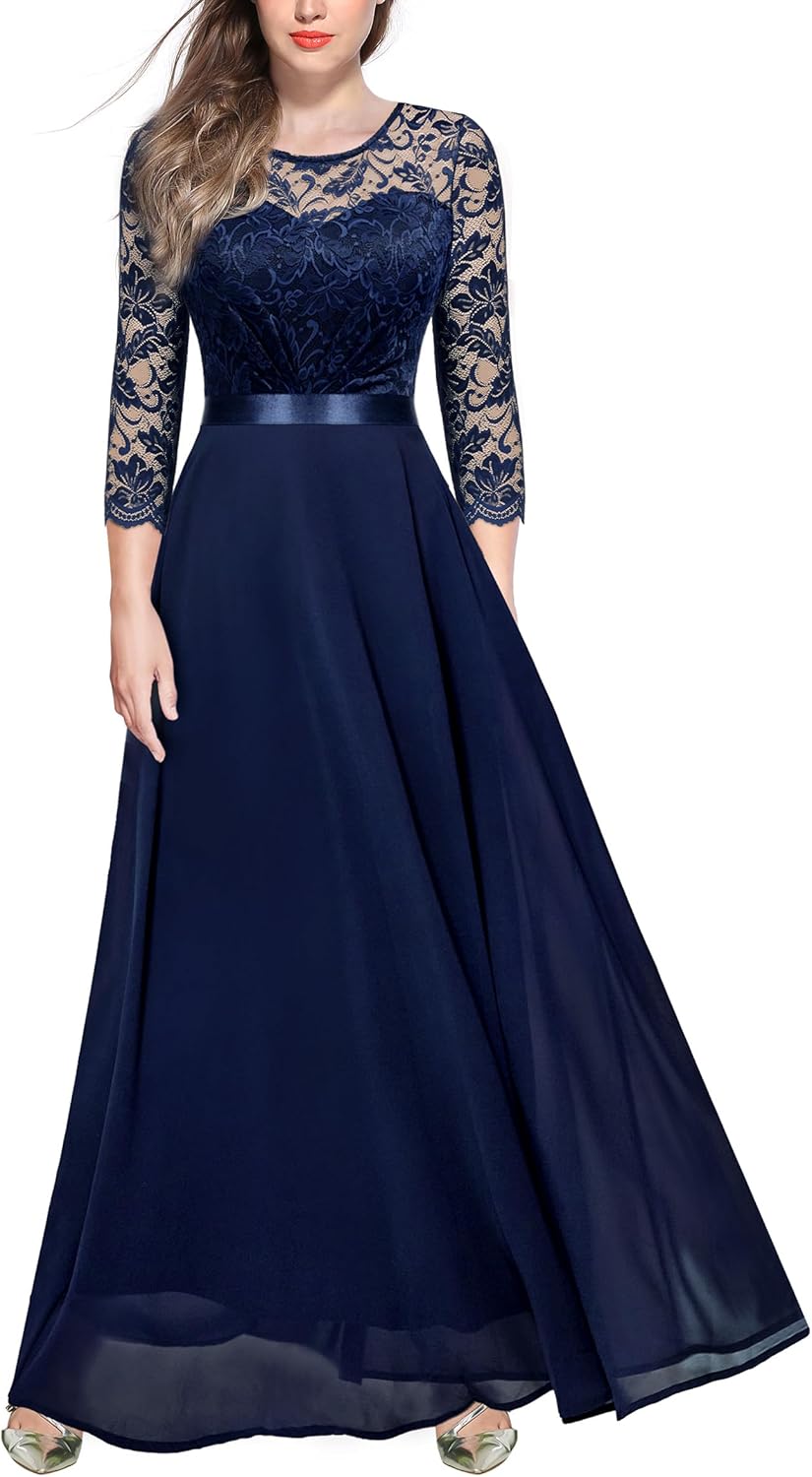 Elegant Floral Lace 3/4 Sleeve Maxi Dress for Bridesmaids