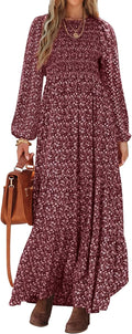 Women's Fall Floral Maxi Dress with Smocked Top - Flowy Fit