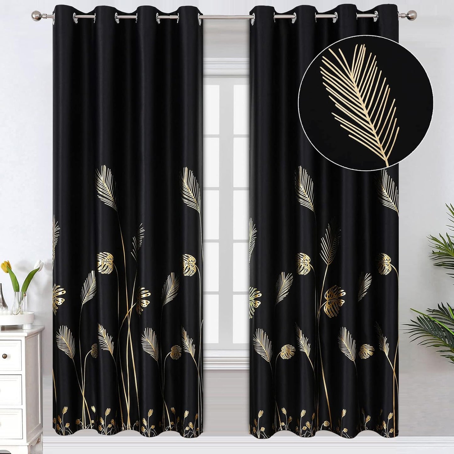 Estelar Textiler Blackout Curtains Set with Gold Wheat Design