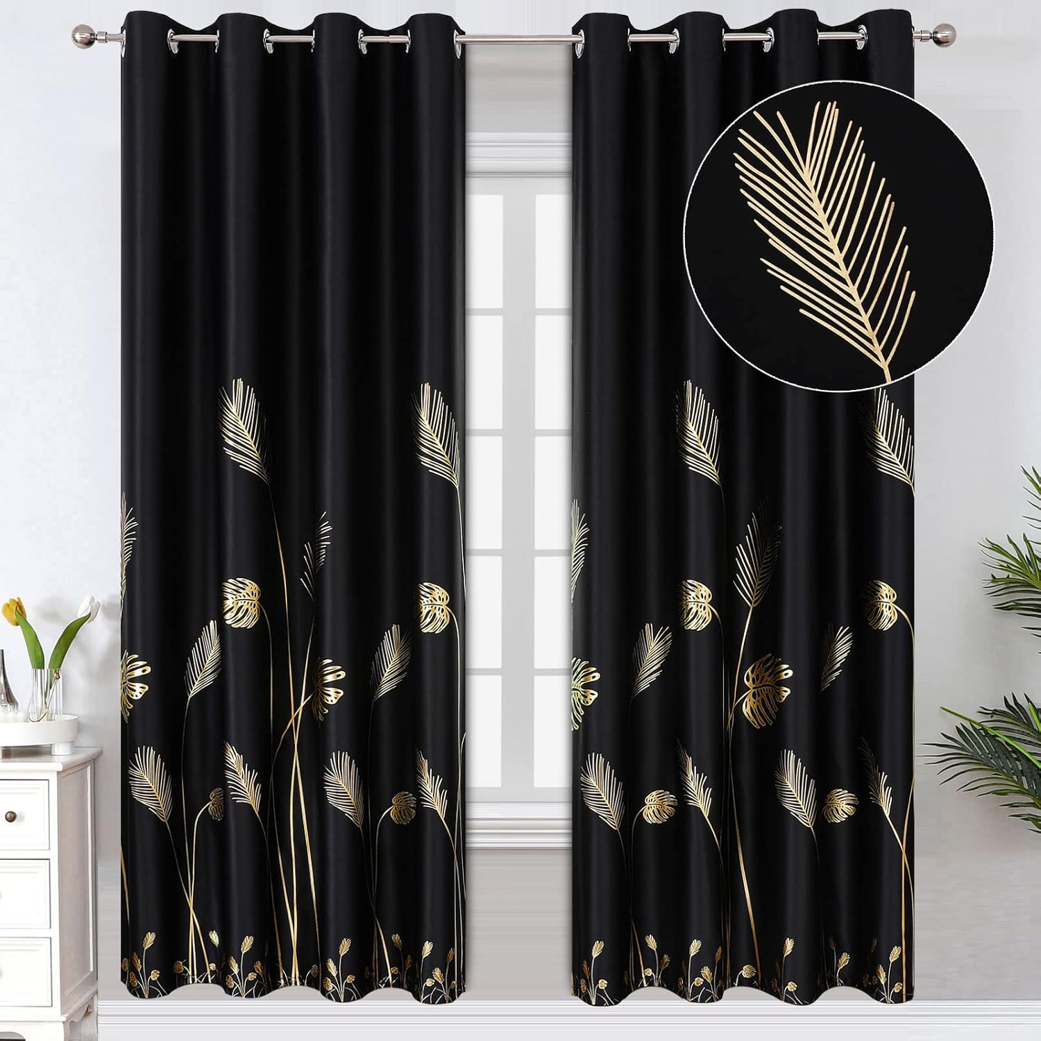 Estelar Textiler Blackout Curtains Set with Gold Wheat Design