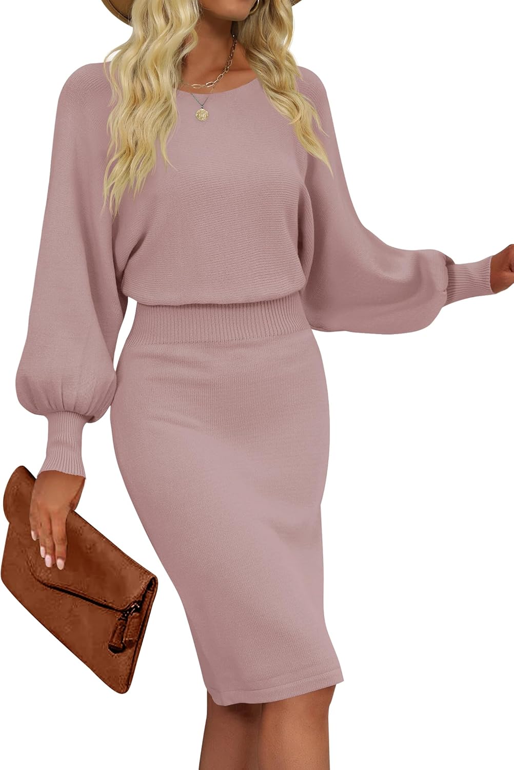 MIROL Women's Casual Long Puff Sleeve Bodycon Midi Dress