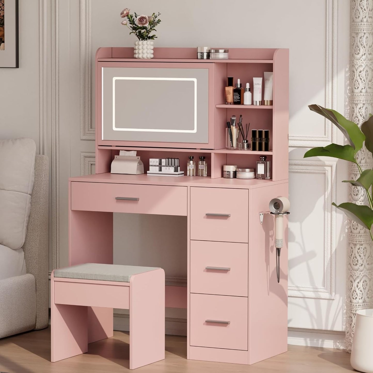Vanity Desk with Mirror and Lights for Stylish Bedroom Setup