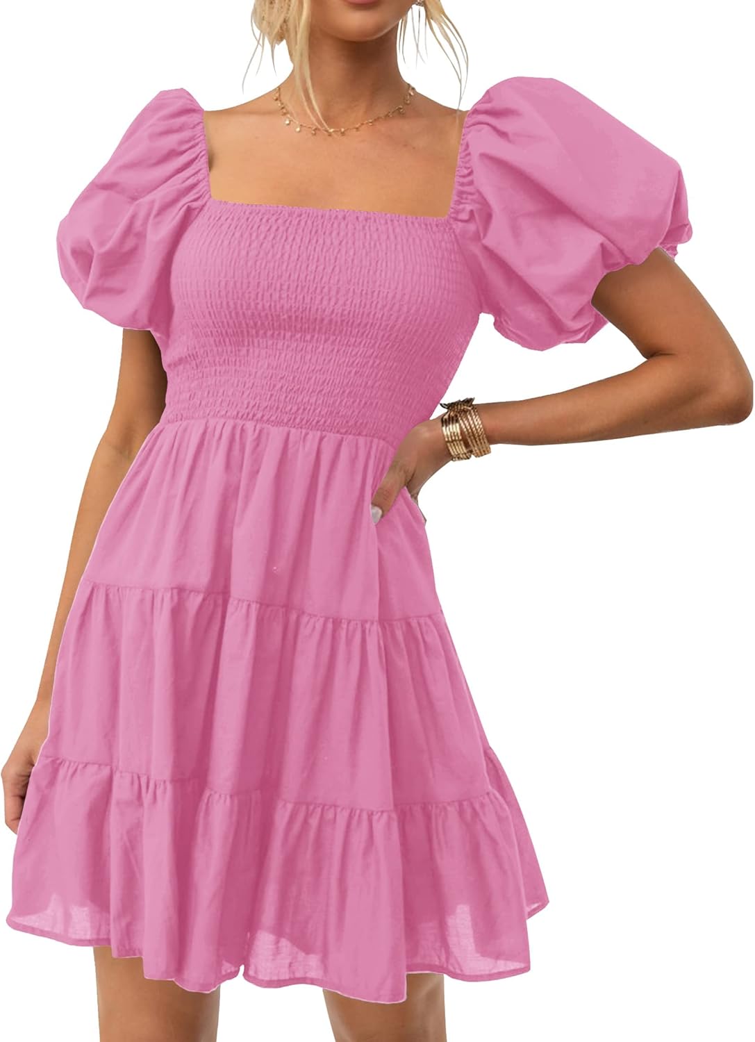 ZESICA Women's Boho Summer Square Neck Puff Sleeve Mini Dress