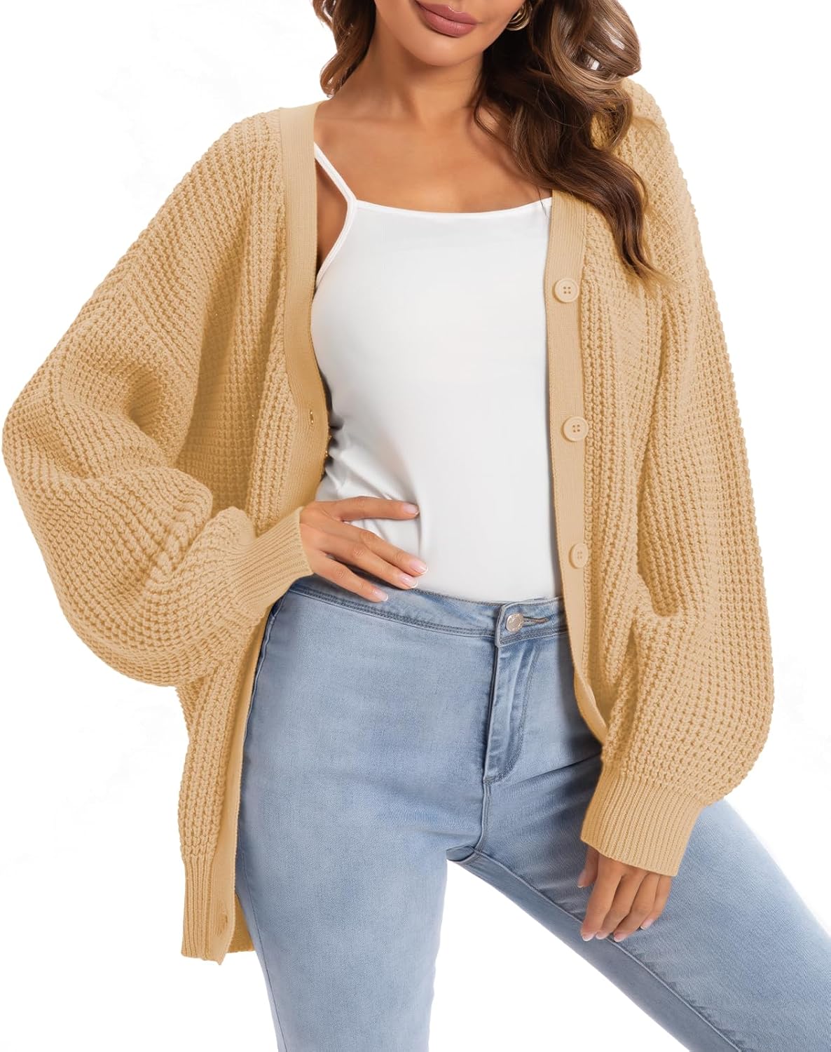 QUALFORT Cardigan Sweaters for Women - 100% Cotton Oversized Knit