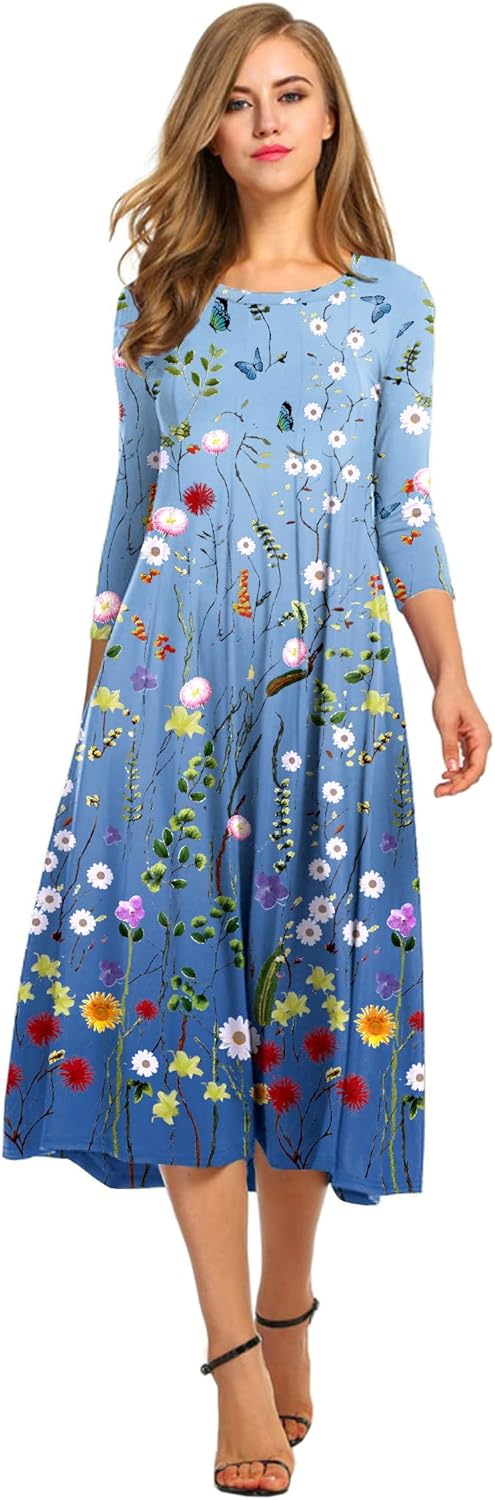 HOTOUCH Women's 3/4 Sleeve A-line Midi Long Dress for Elegance