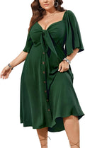 Plus Size Summer Dress Tie Front Deep V Neck Midi - Flowy Fit
