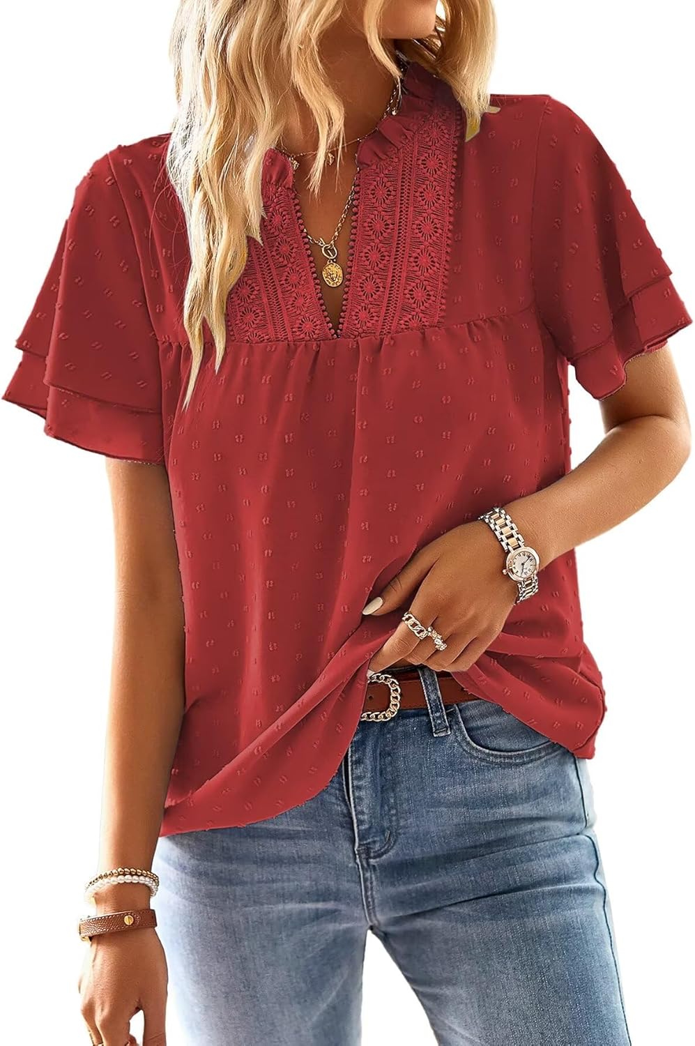 Womens Tops Butterfly Sleeve V Neck Blouses for Dressy Casual