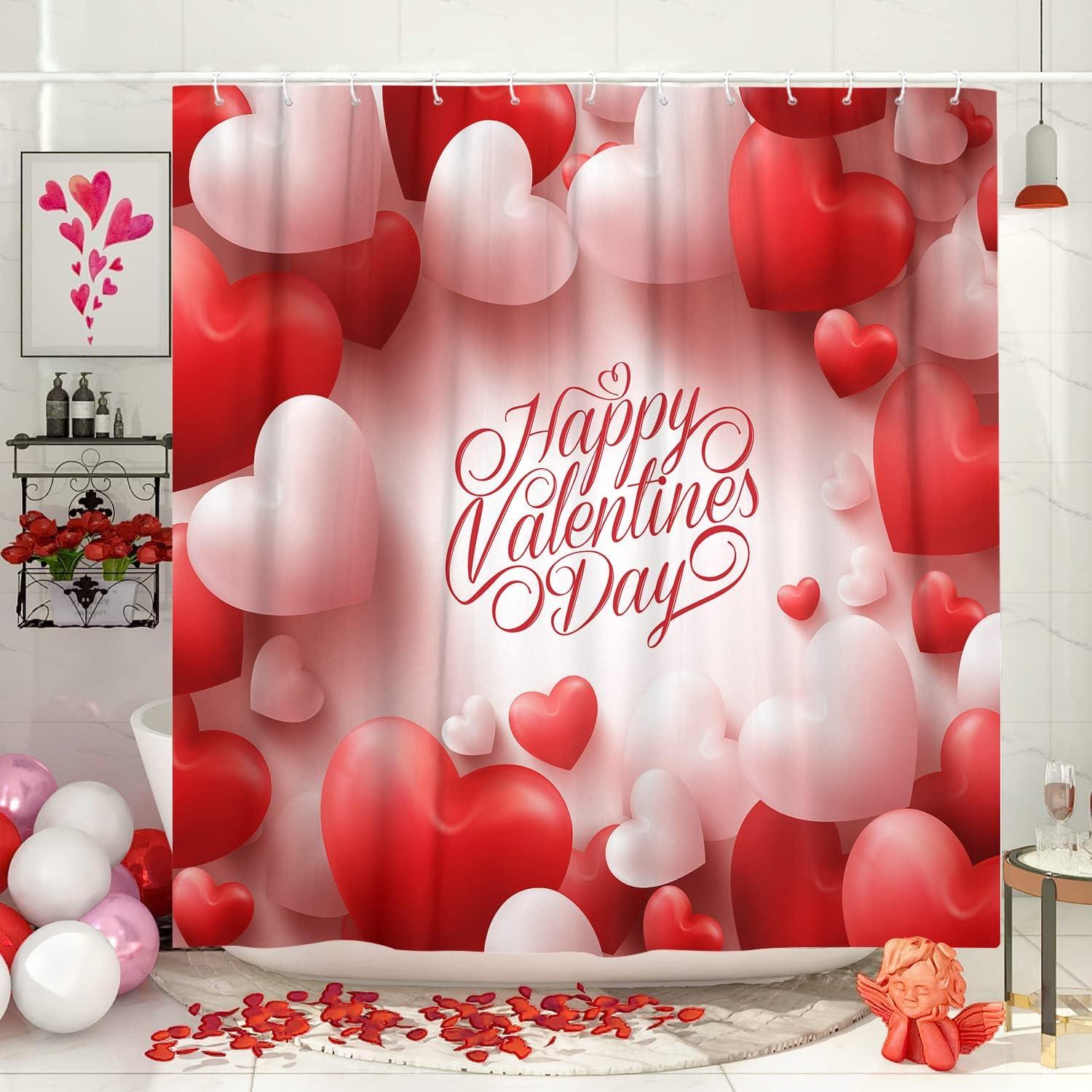 Romantic Heart Balloon Shower Curtain - Valentine's Love