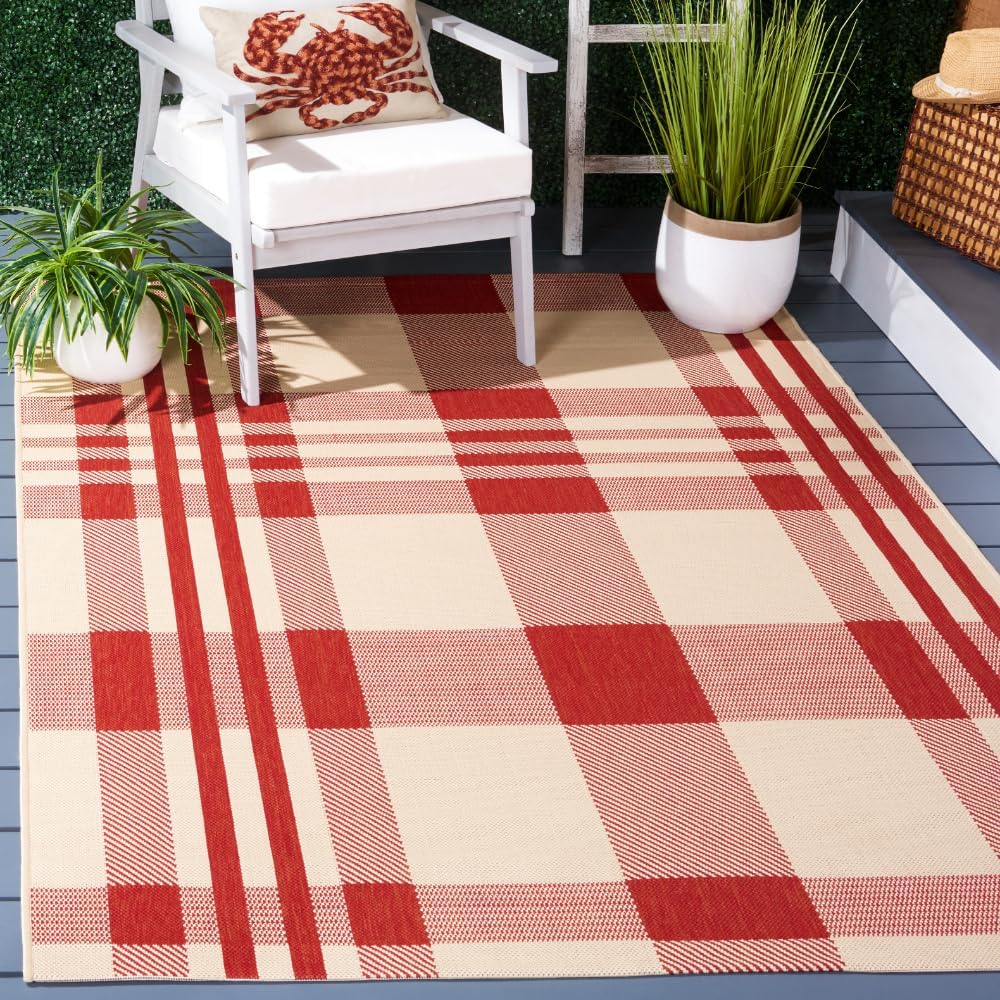 SAFAVIEH Courtyard Collection Red/Bone Plaid Area Rug for Home