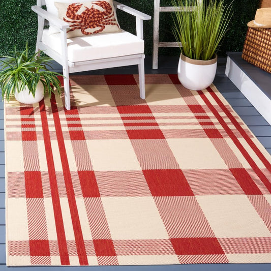 SAFAVIEH Courtyard Collection Red/Bone Plaid Area Rug for Home