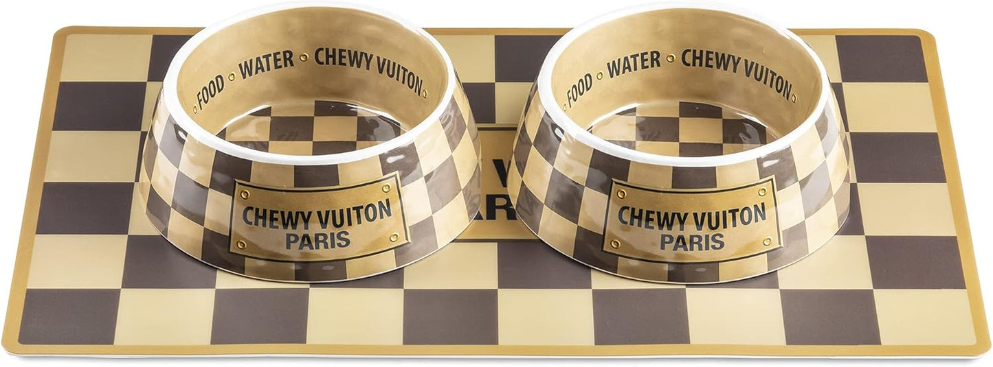 Checker Chewy Vuiton Dog Bowl Set with Placemat for Stylish Pets