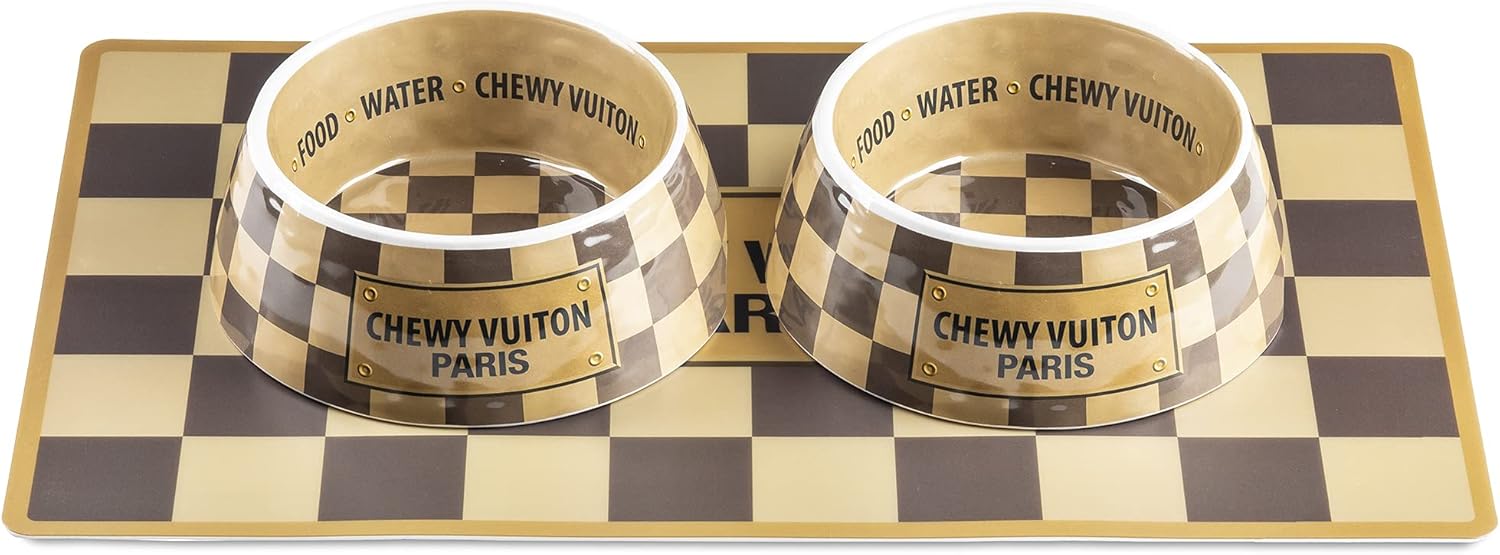 Checker Chewy Vuiton Dog Bowl Set with Placemat for Stylish Pets