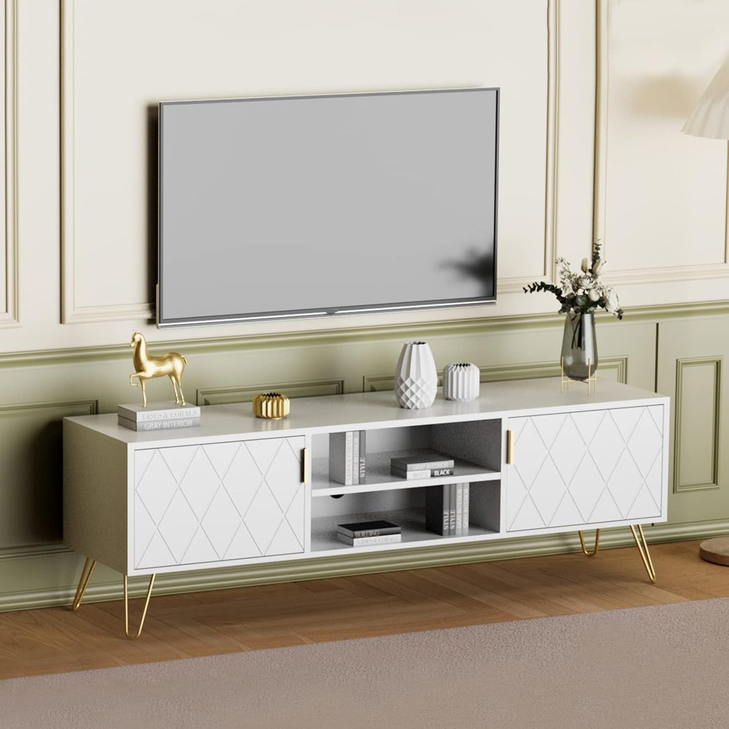 Anbuy White TV Stand with 2 Cabinets & Shelves
