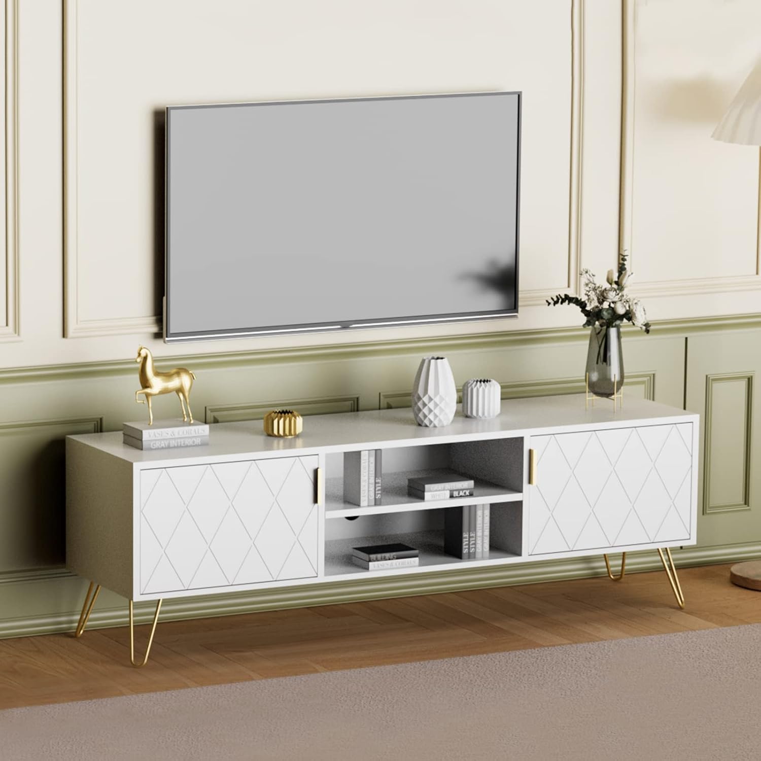 Anbuy White TV Stand with 2 Cabinets & Shelves