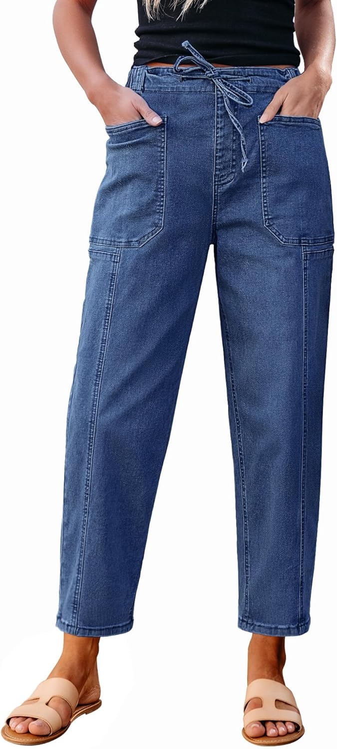 Trendy High Waisted Barrel Jeans for Women with Drawstring Waist