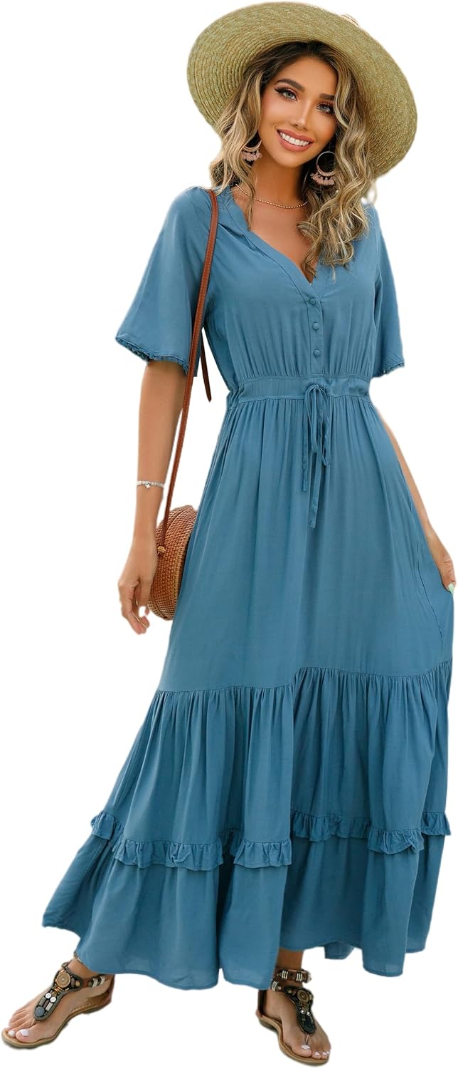 R.Vivimos Womens Summer Cotton Short Sleeve Floral Midi Dress