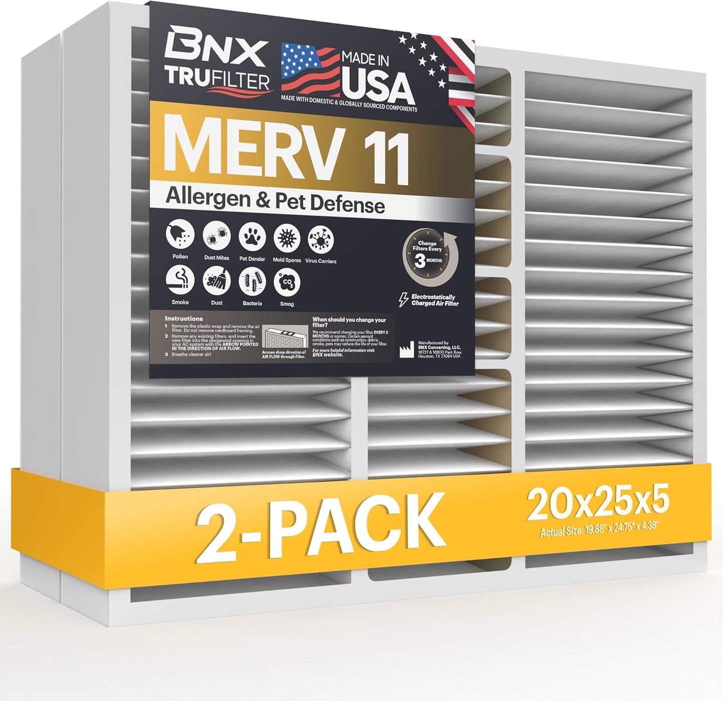 BNX TruFilter 20x25x5 MERV 11 Air Filter for Cleaner Air