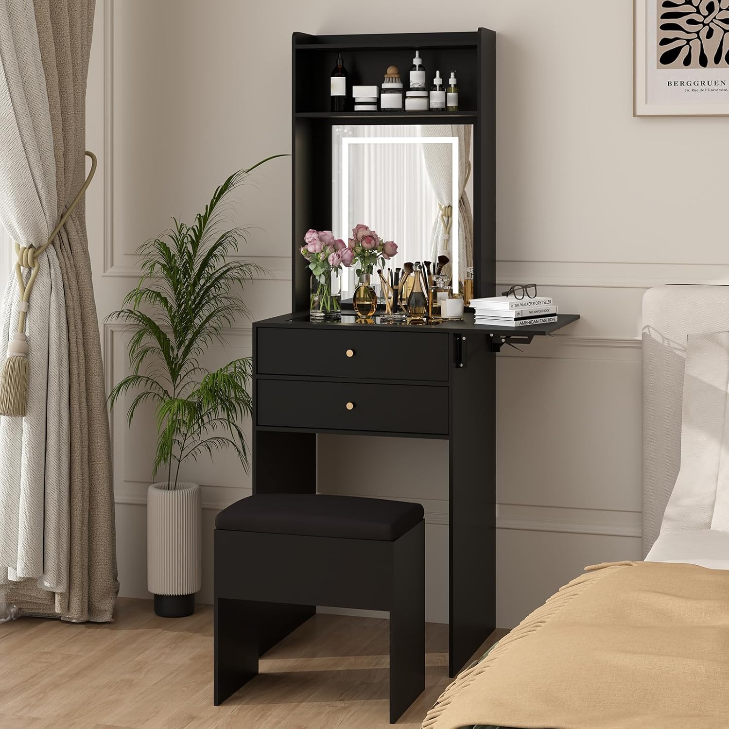ARTETHYS Small Vanity Set: 3-Light Mirror & Chair for Compact Glam - Black