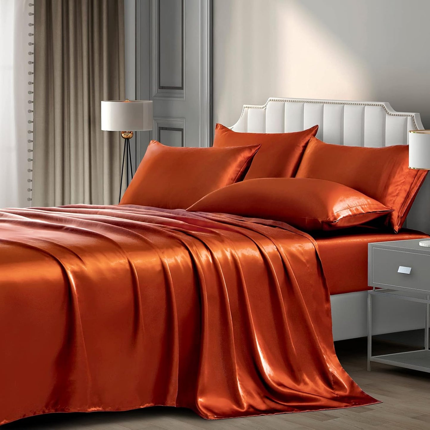 Luxury Satin Sheets King Set - Extra Soft Burnt Orange Bedding